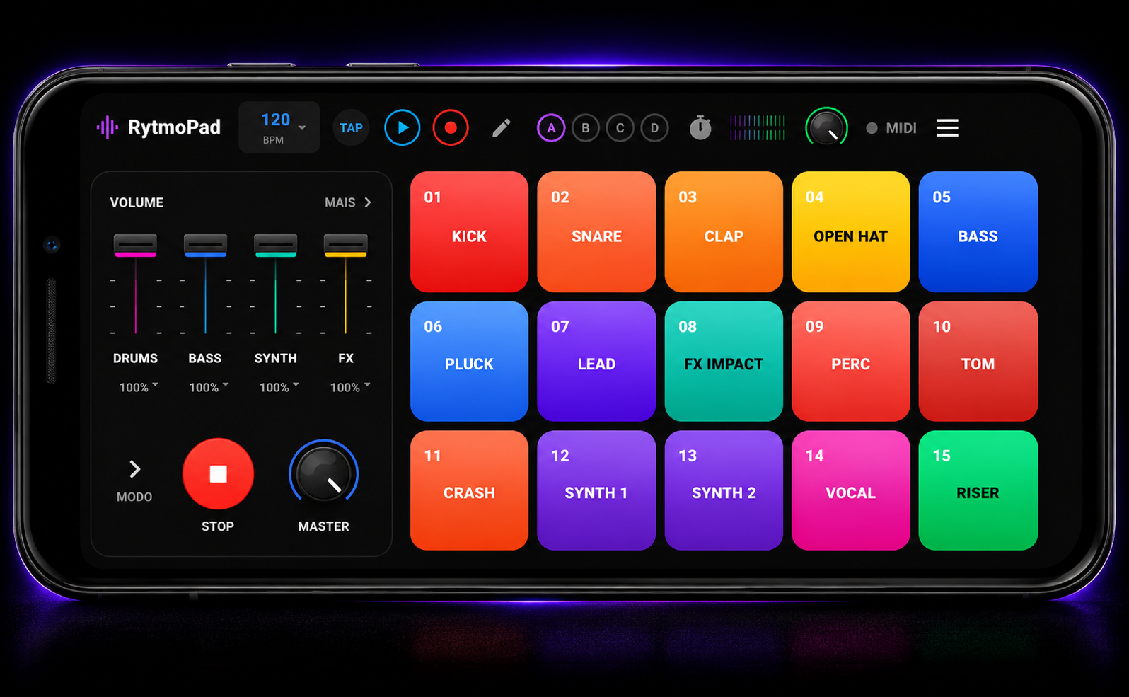 RytmoPad — versão atual, colorida, com mixer completo